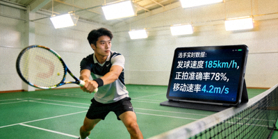 网球赛前分析 - 选手进行训练，数据分析屏幕在一旁